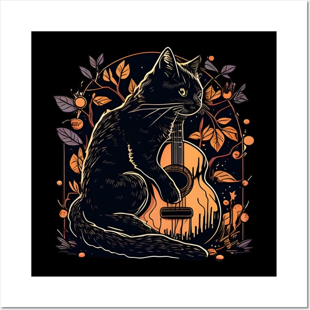 Black Cat Playing Guitar Vintage - Love Cats Wall Art by Wesley Mcanderson Jones